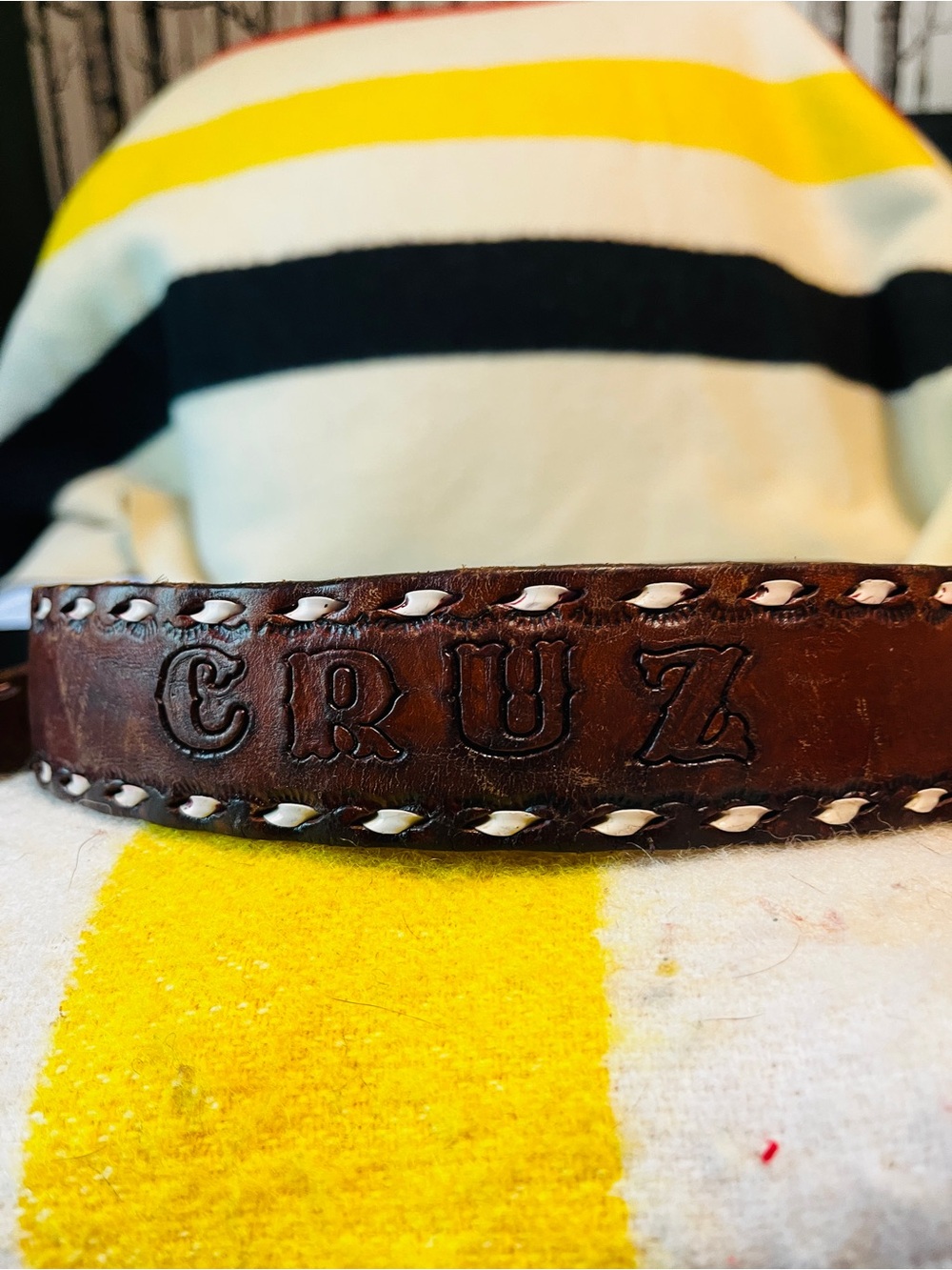 Vintage, handcrafted Personalized Brown Leather Belt with 'CRUZ' Embossing
